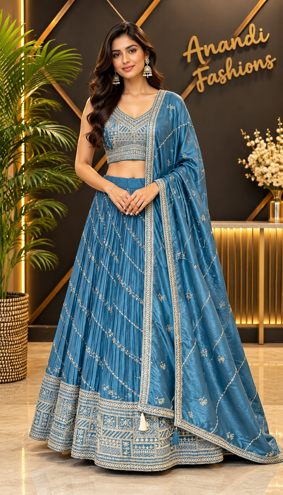 Women’s Teal Blue Embroidered Lehenga Choli with Dupatta