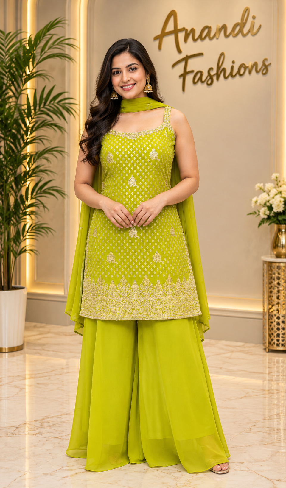 Women’s Green Benarasi Silk Sleeveless Palazzo Set