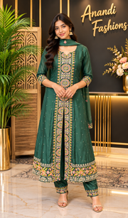 Teenage Girls’’ Dark Green Embroidered Anarkali Churidar Set