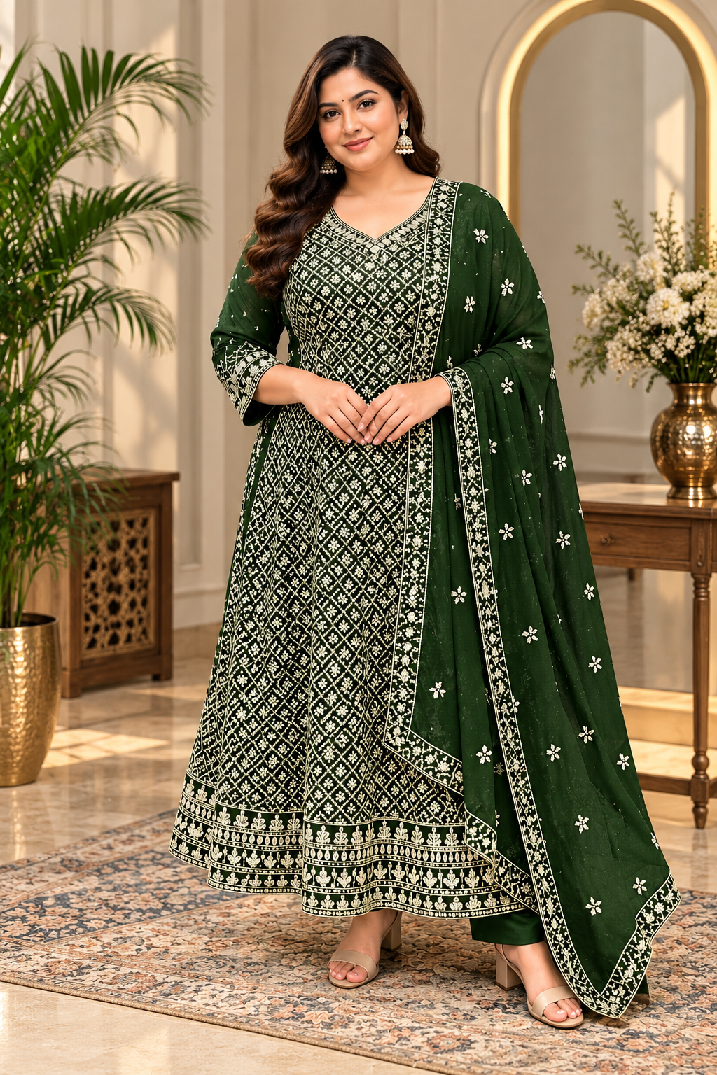 Women’s Green Georgette Anarkali Kurti Set – Size 46 – Plus Size