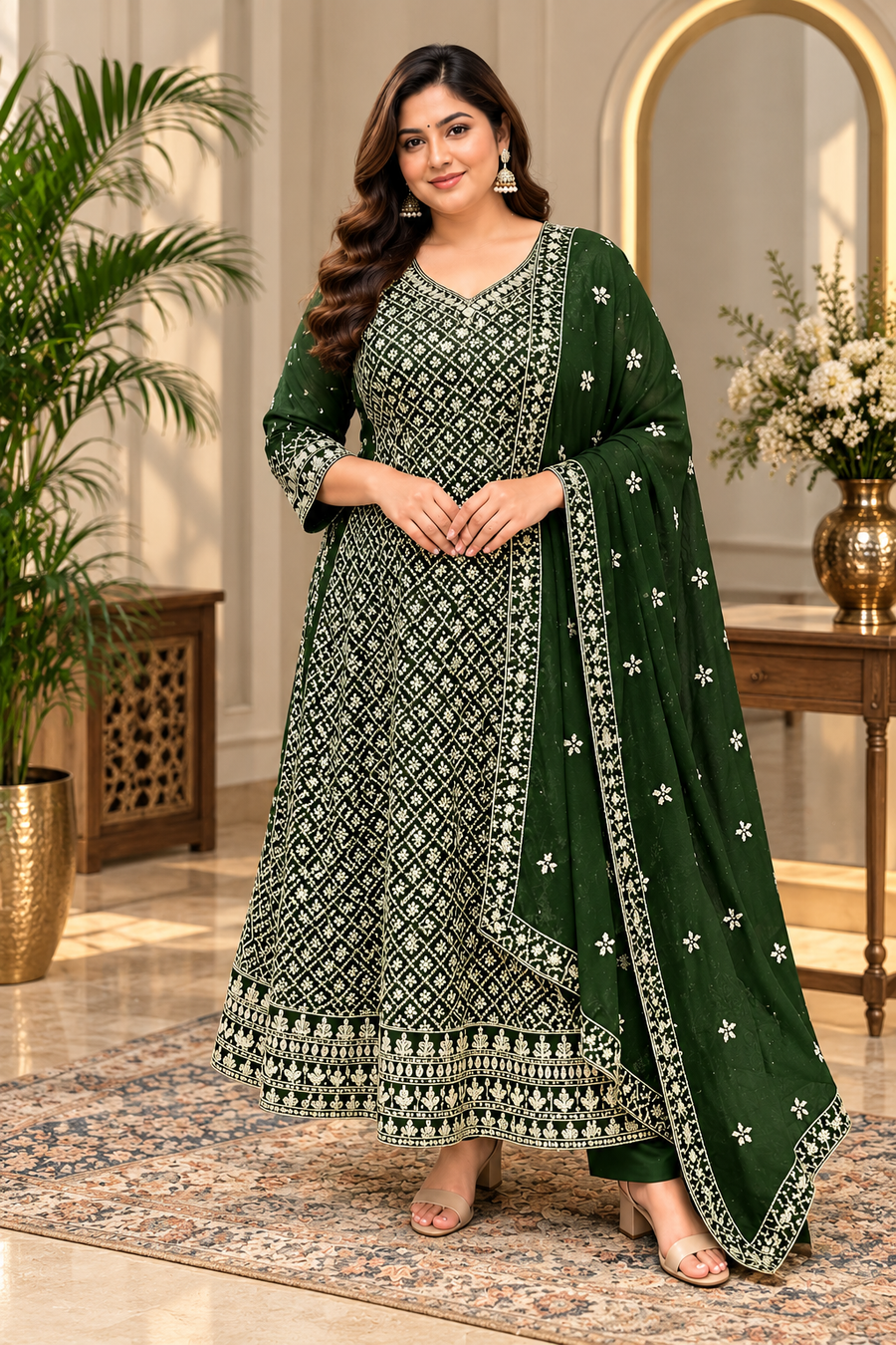 Women’s Green Georgette Anarkali Kurti Set – Size 46 – Plus Size