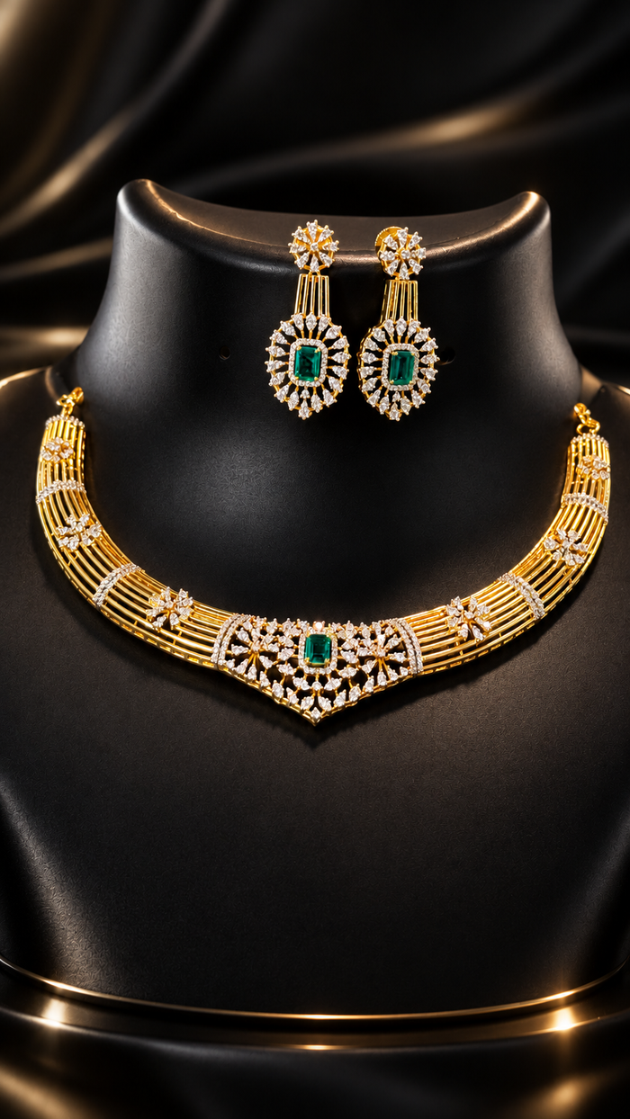 Party Wear Necklace set with Emerald stones