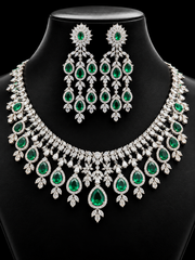 Silver Finish Necklace Set with Emerald CZ Stones Chain & Earrings