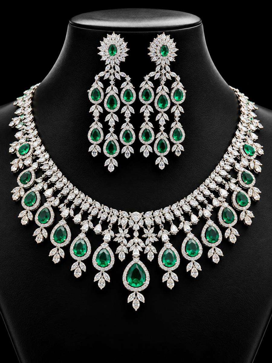 Silver Finish Necklace Set with Emerald CZ Stones Chain & Earrings