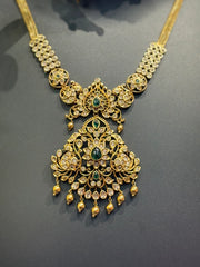Antique Finish Necklace Set with Emerald Stones & AD Pendant