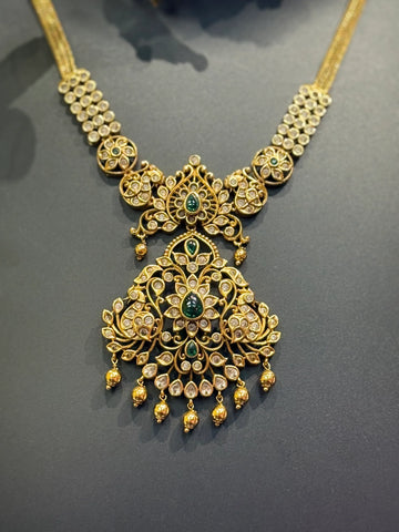 Antique Finish Necklace Set with Emerald Stones & AD Pendant