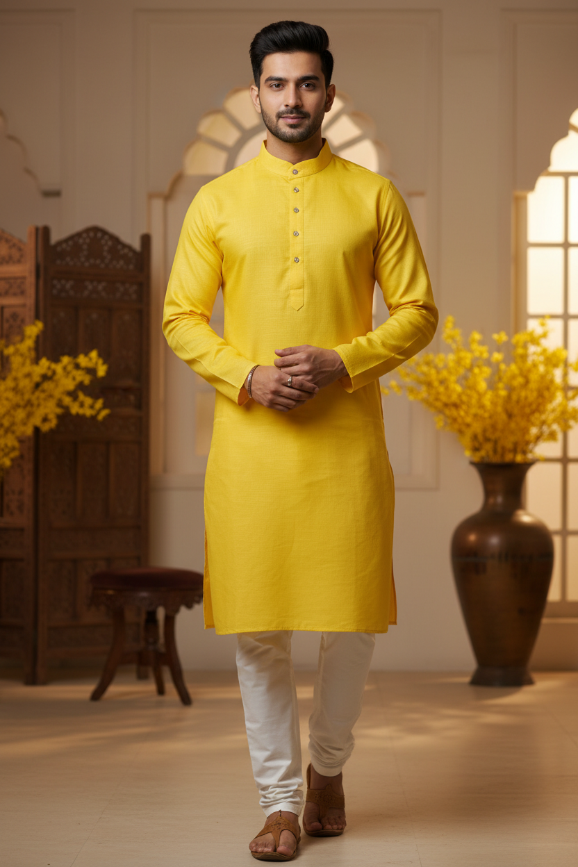 Plus size - Yellow Pure cotton kurta set for men