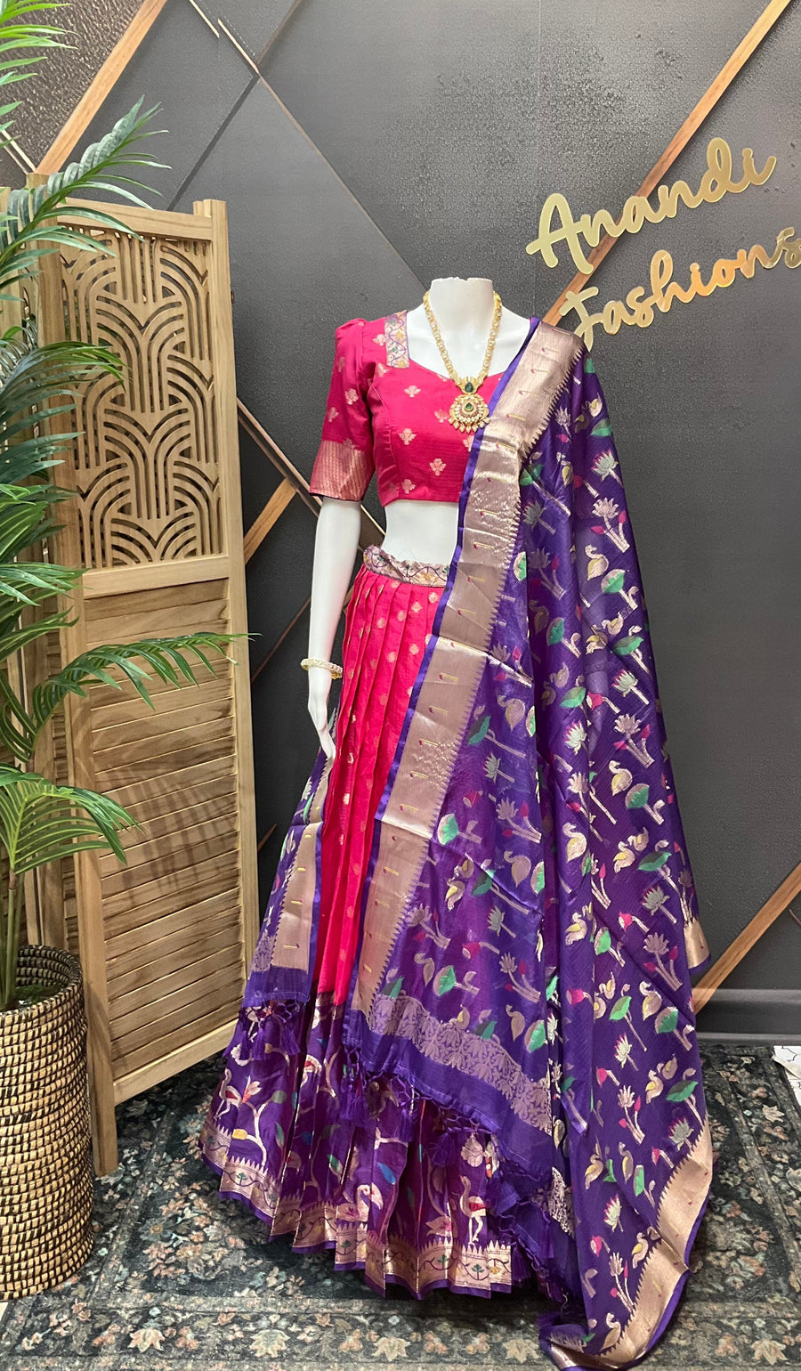 Pink & Purple Silk Kota Half Saree set