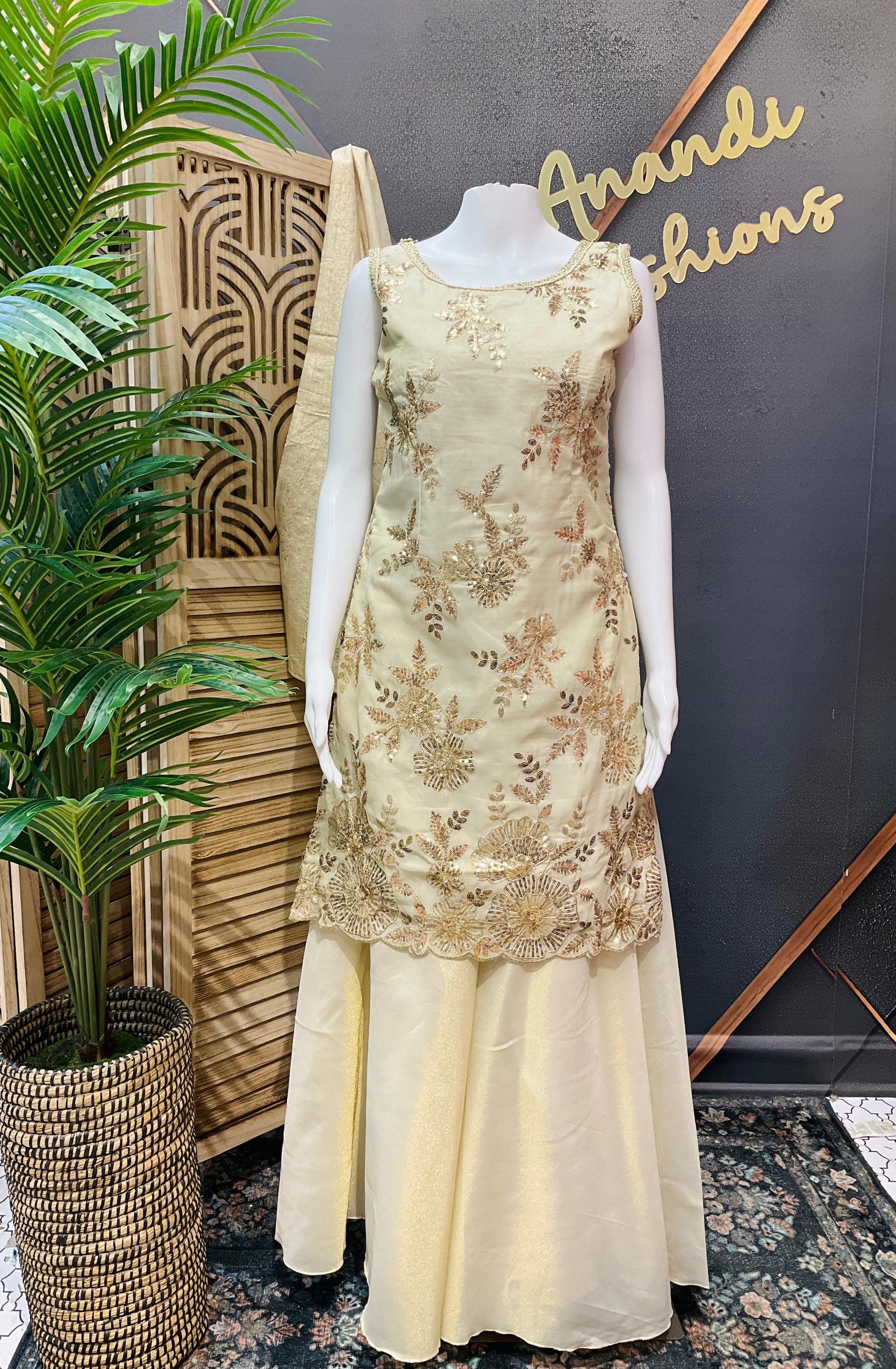 Party Wear Sharara Set Size 36 - Gold Zari Embroidery Work