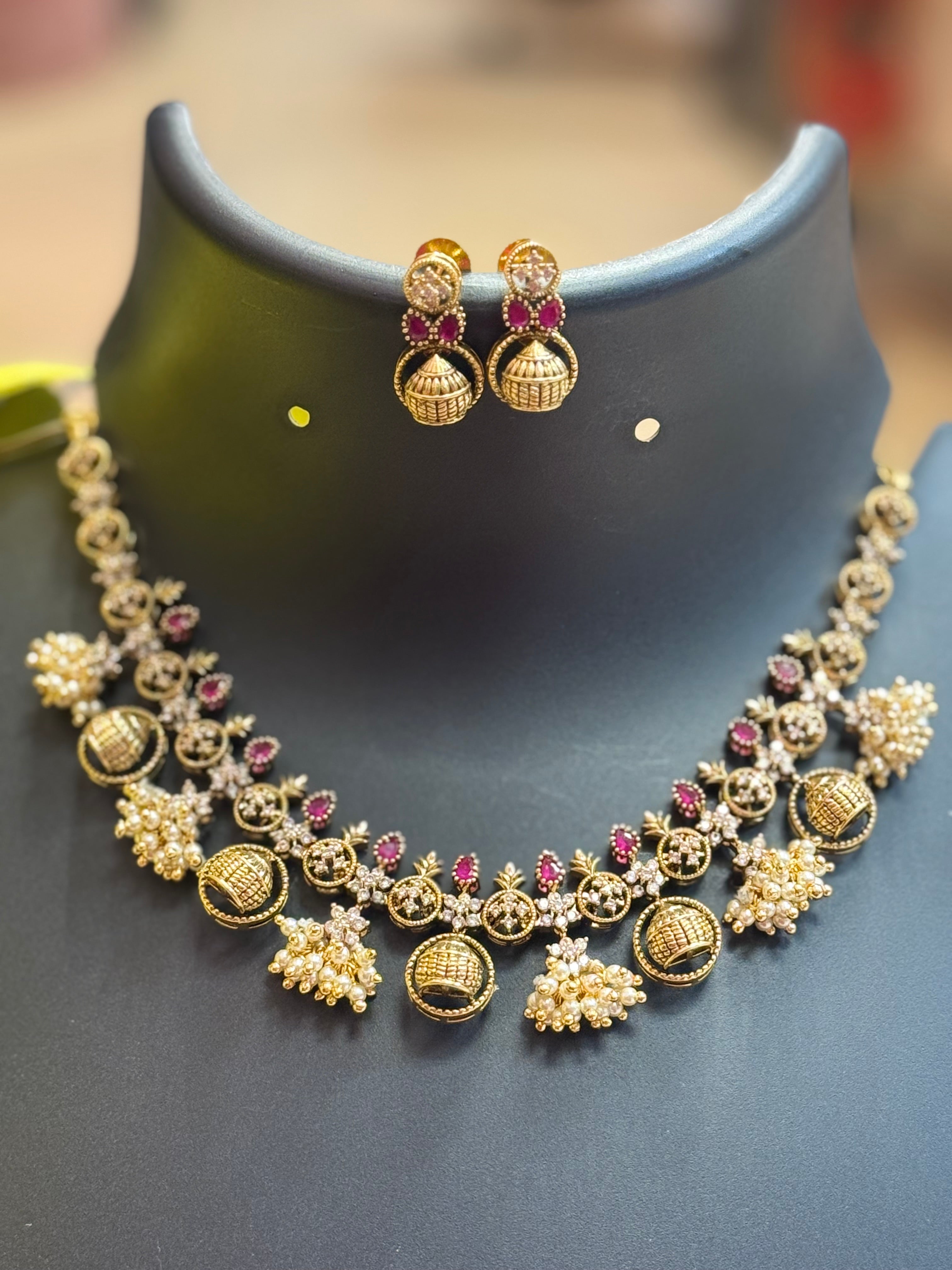 Antique Finish- Jhumka Style Guttapusalu Necklace set