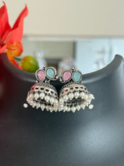 German Silver Long Haram Necklace Set with Pastel Stones