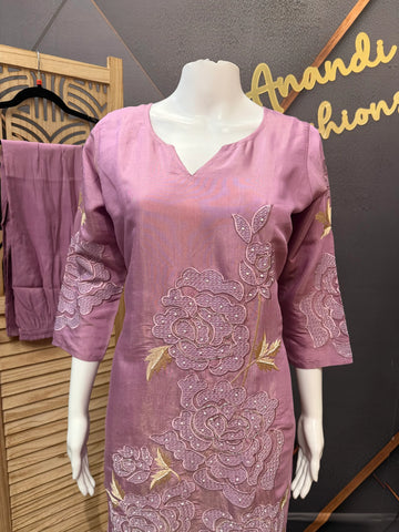Lavender Party Wear Tissue Kurti Set - Machine Embroidery