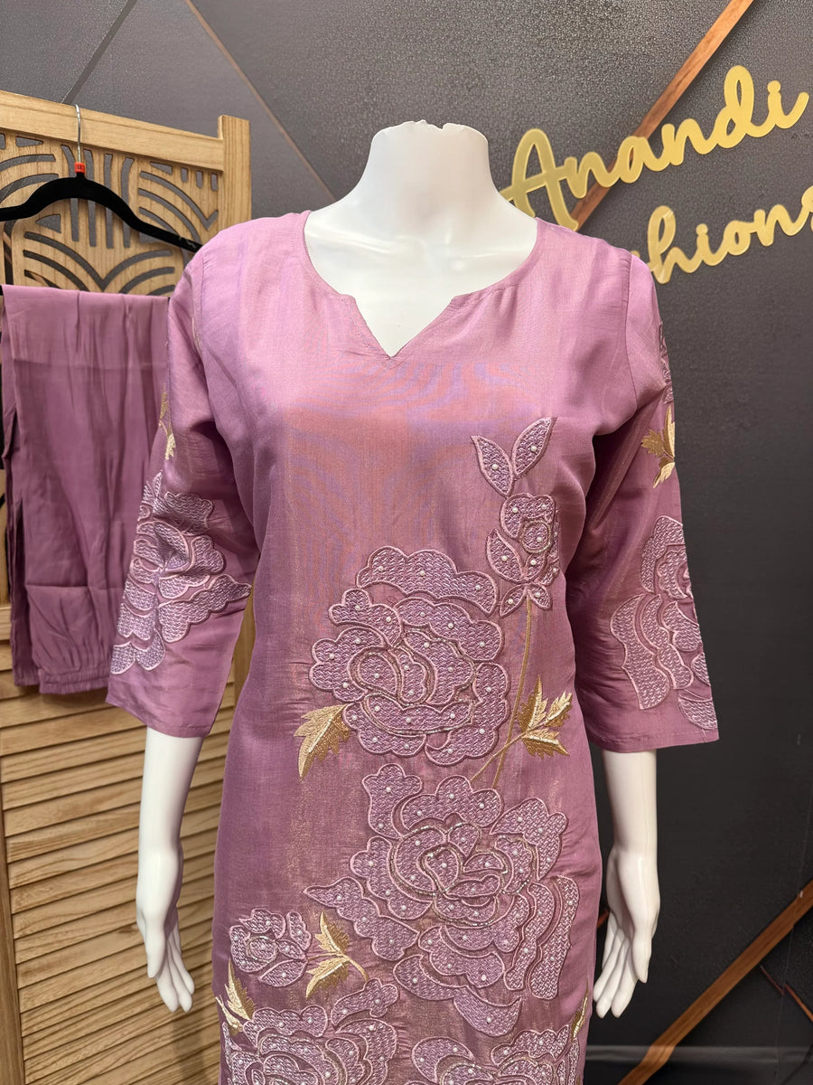 Lavender Party Wear Tissue Kurti Set - Machine Embroidery