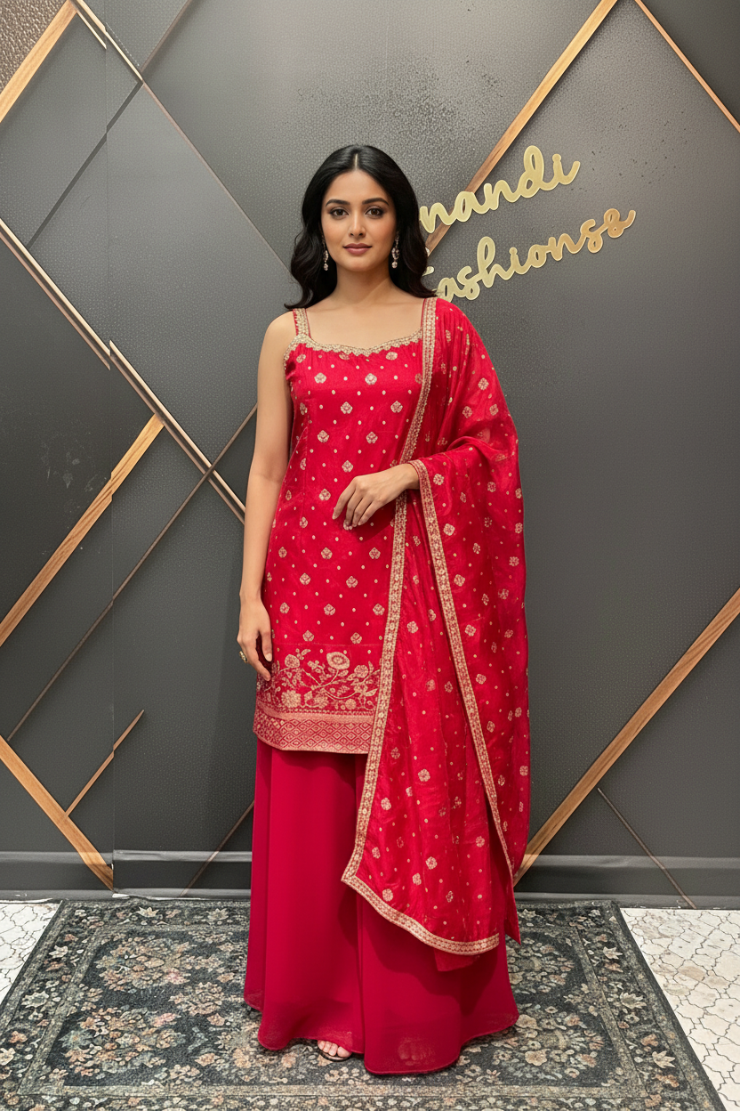 Pink Benarasi Silk Sleeveless Palazzo Set