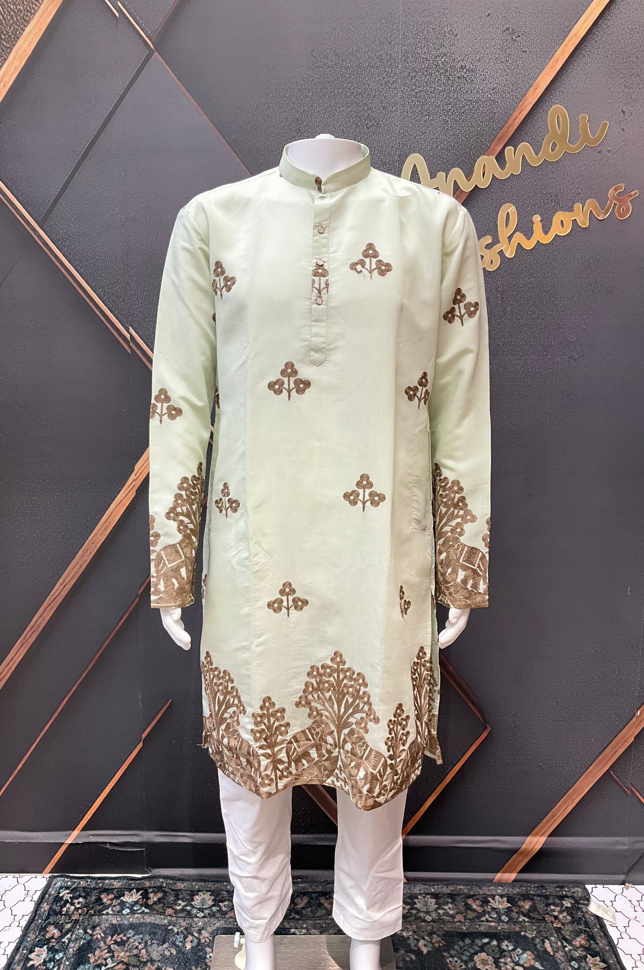 Mint Green Embroidery  Work Mens kurta set