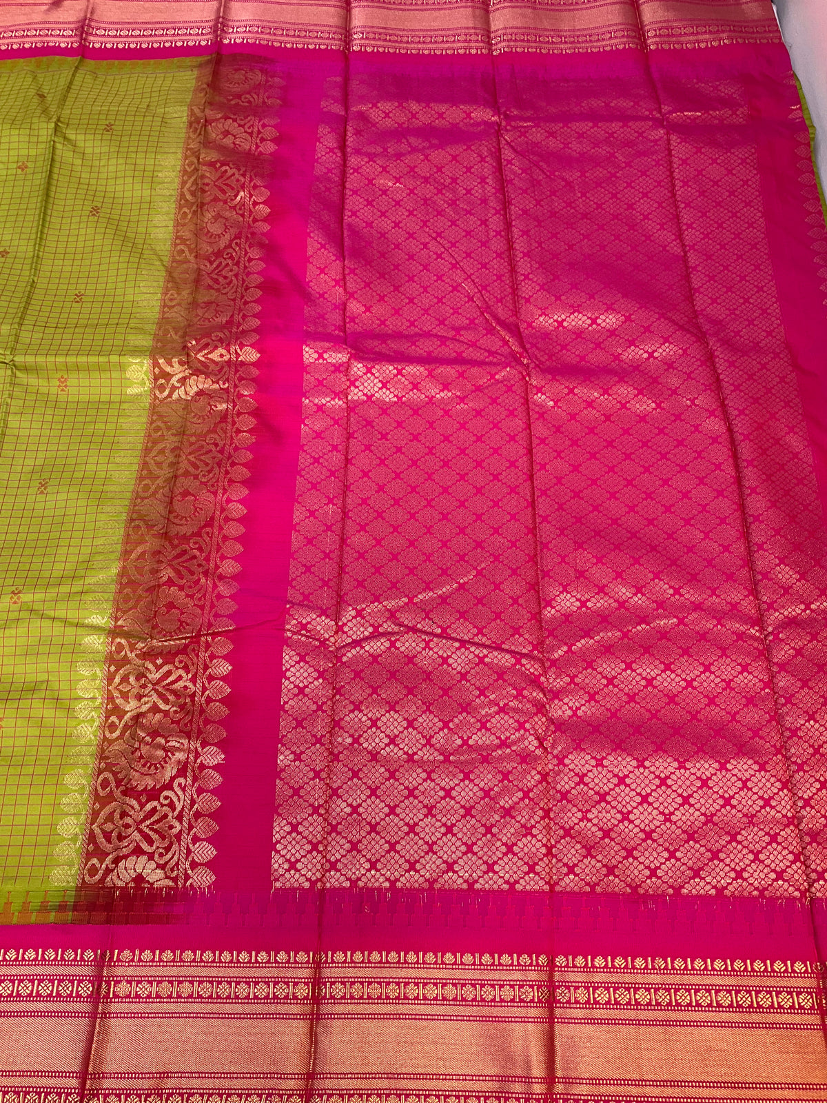 Parrot Green Checks - Semi Gadwal Silk Saree