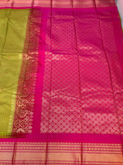 Parrot Green Checks Semi Gadwal Silk Saree