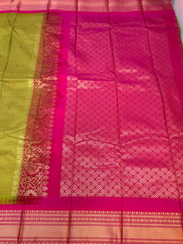 Parrot Green Checks - Semi Gadwal Silk Saree