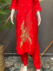 Red Party Wear Kurti Set - Roman Silk with Benarasi Dupatta & Gold Zari