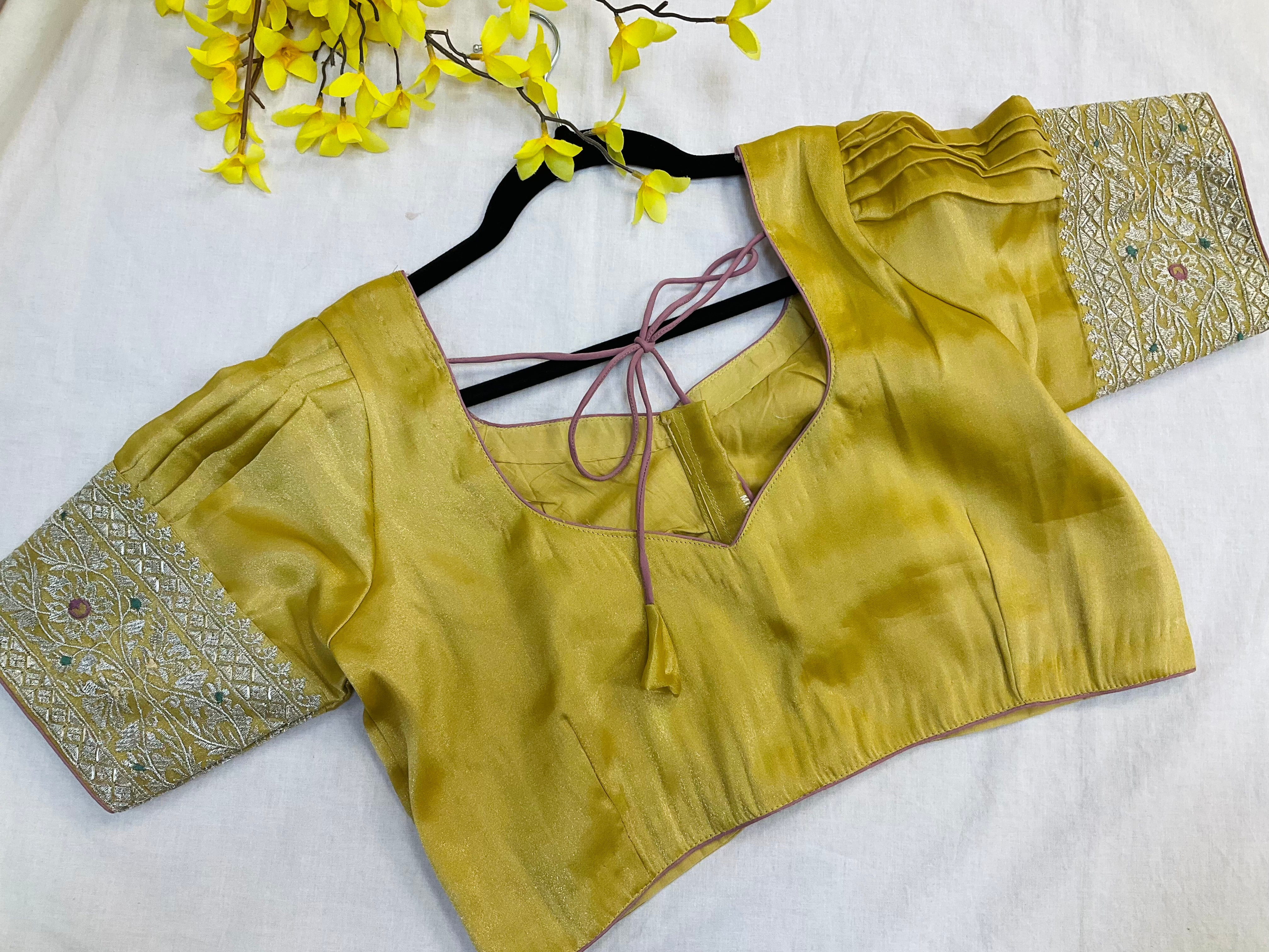 Oragnza Tissue Embroidery work  saree with Stitched blouse