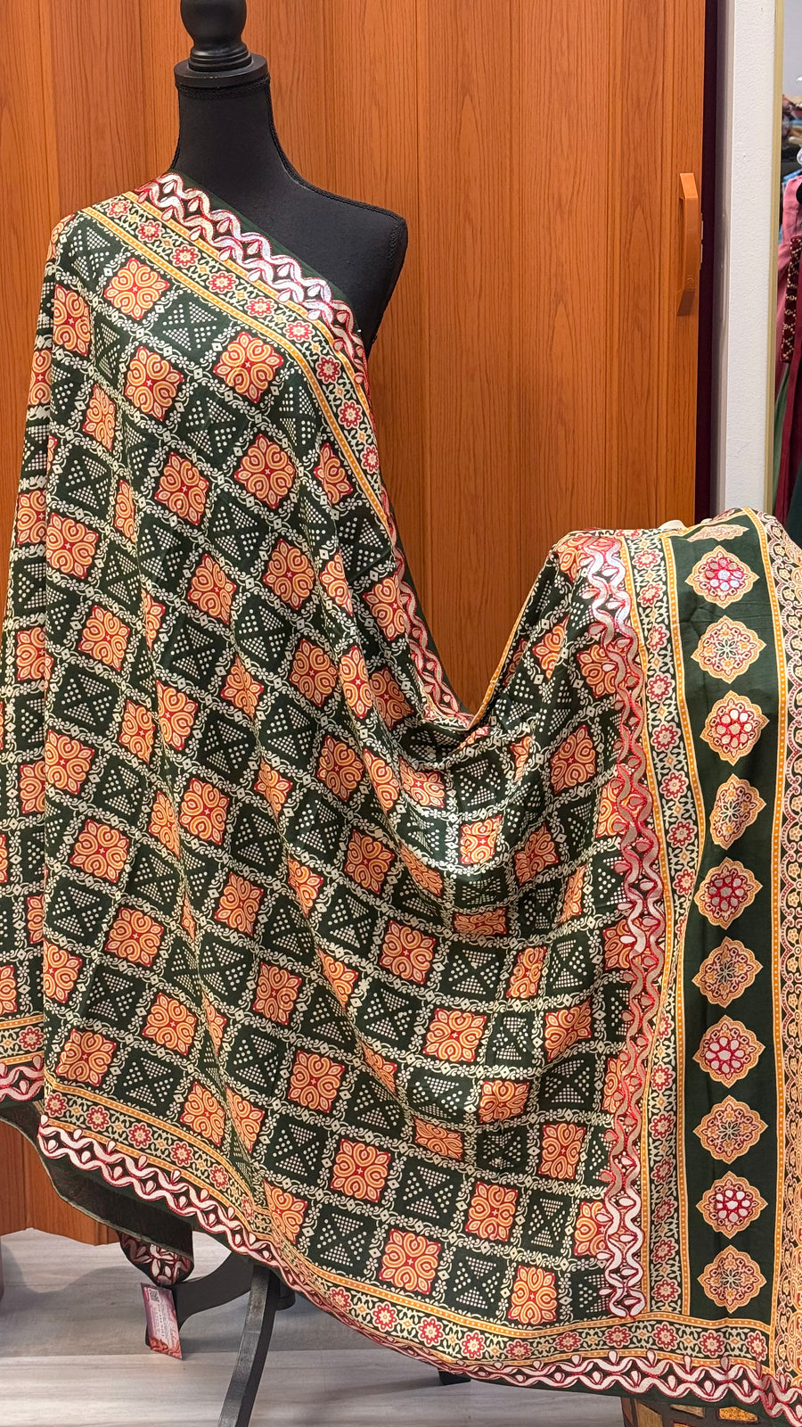 Green Ajrakh Print Dupatta with Gota Patti Border