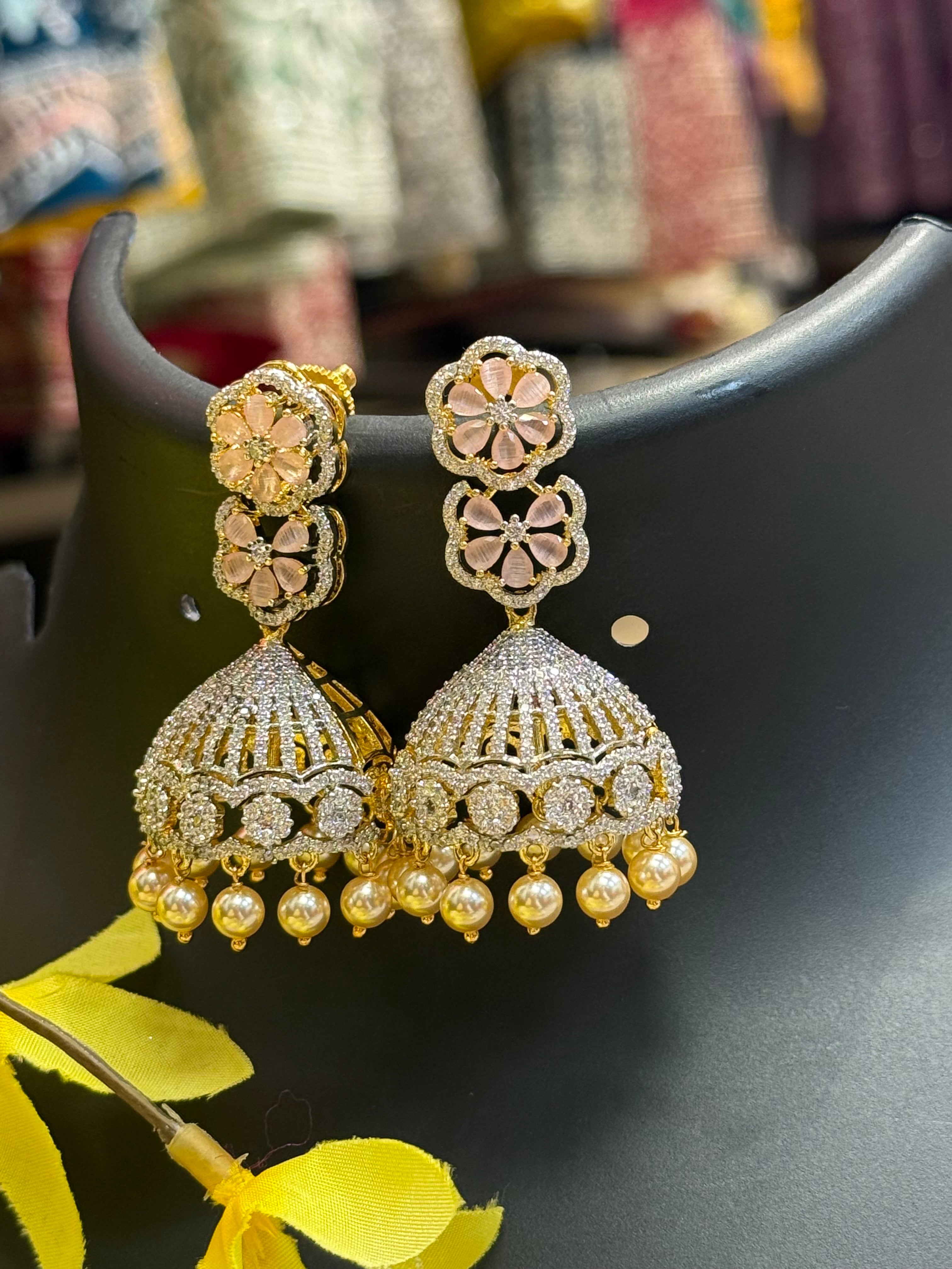 CZ Party Wear Jhumkas/Earrings with Flower Studs