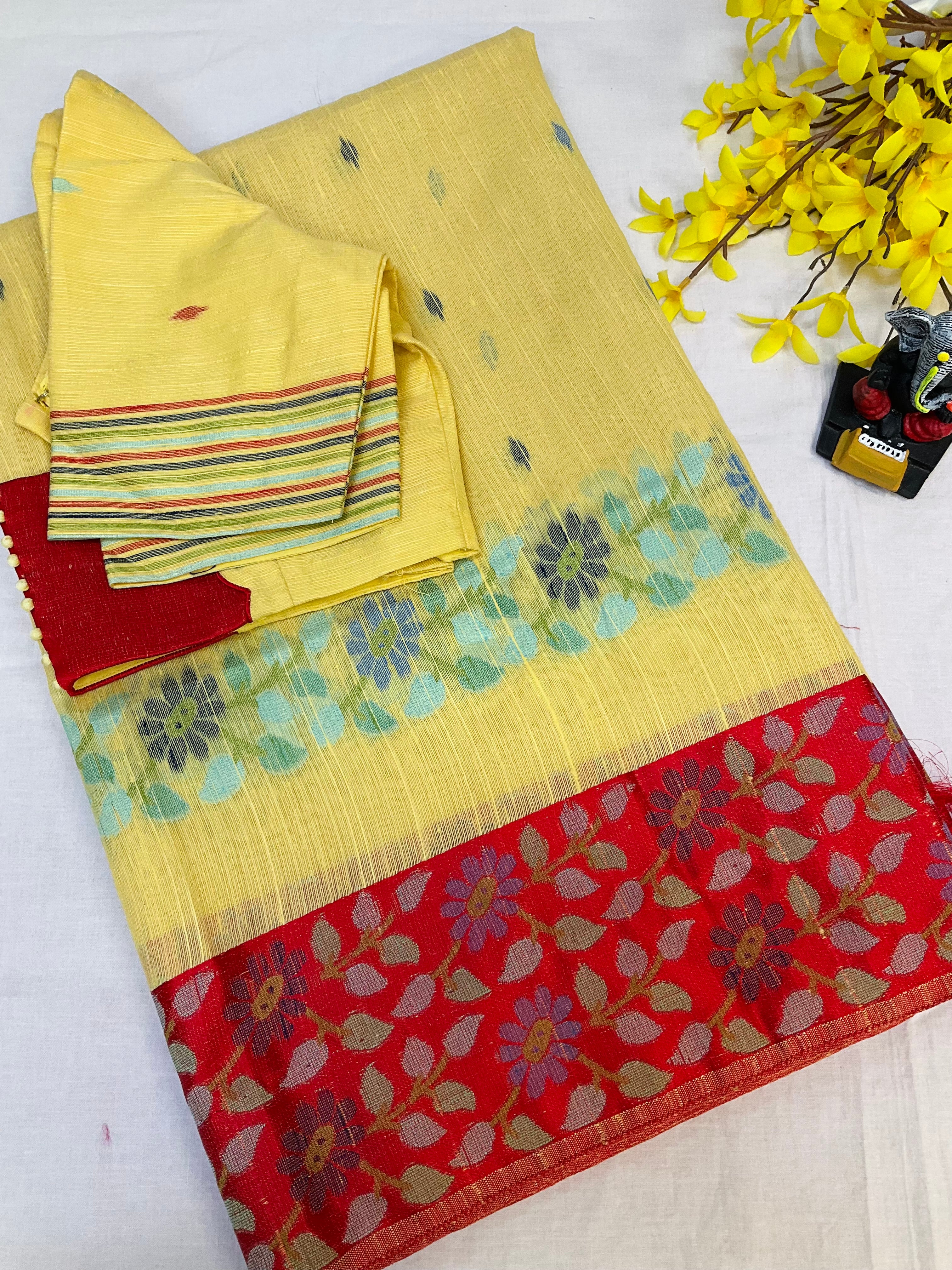 Yellow-Lenin Jamdhani saree with Stitched blouse-fall pico done