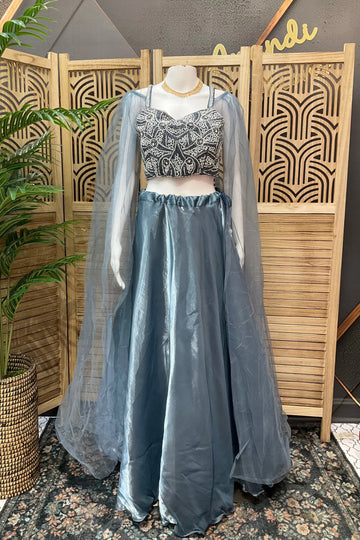 Fancy Satin Silk Lehenga Choli Set - Long Sleeves Party Wear