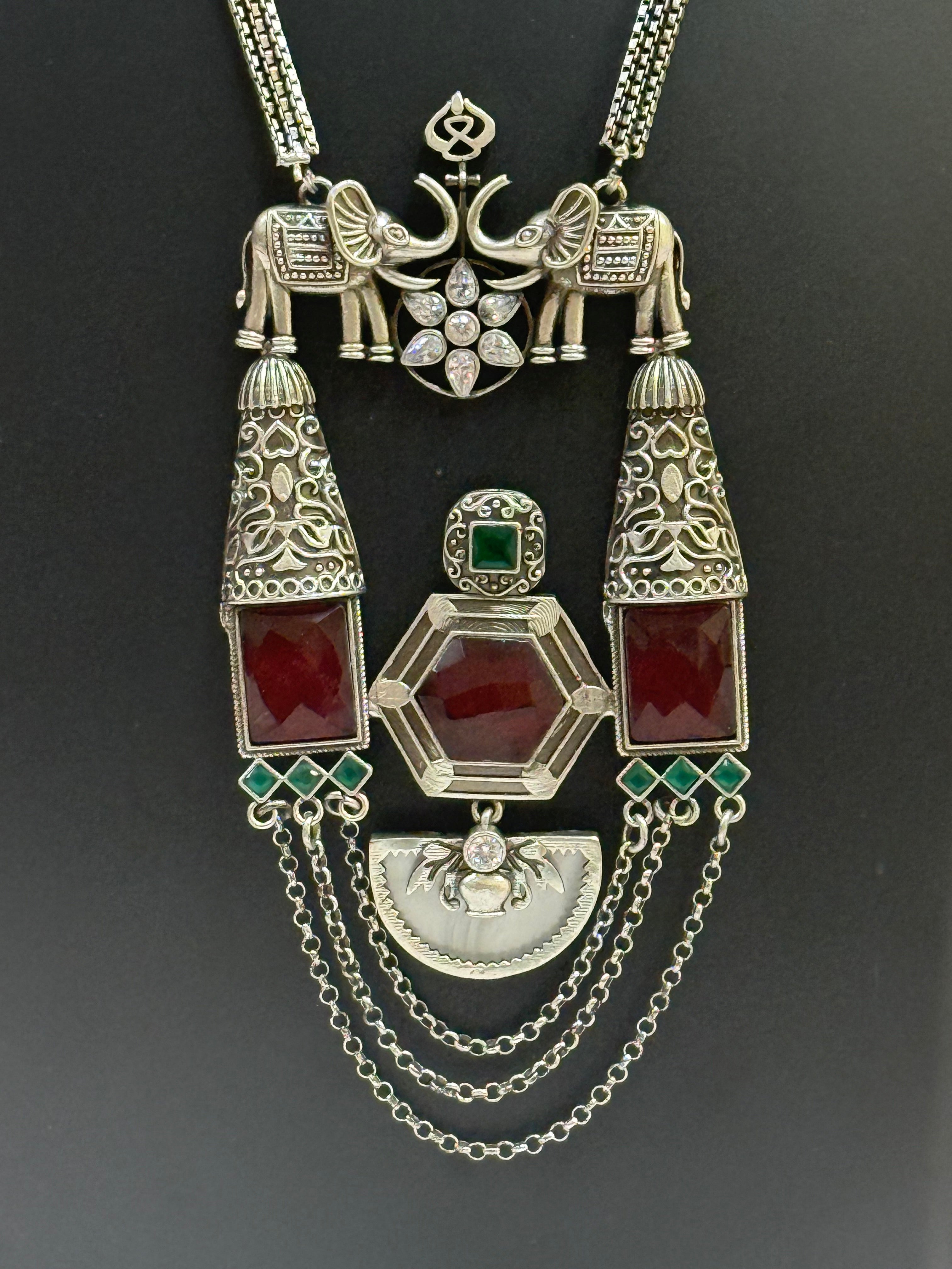 German Silver Long Necklace Chain with Multicolor Stone Pendant