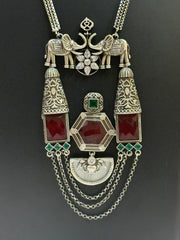 German Silver Long Necklace Chain with Multicolor Stone Pendant