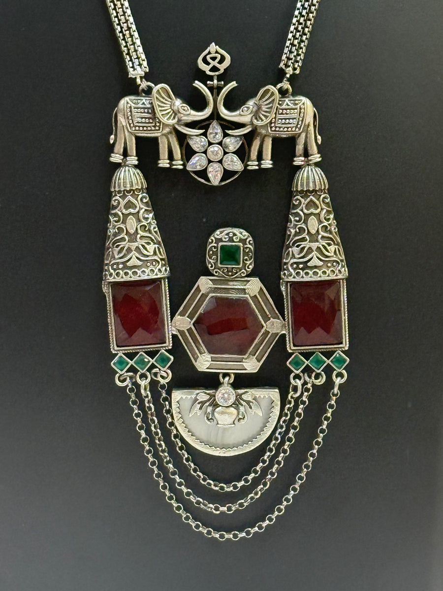German Silver Long Necklace Chain with Multicolor Stone Pendant