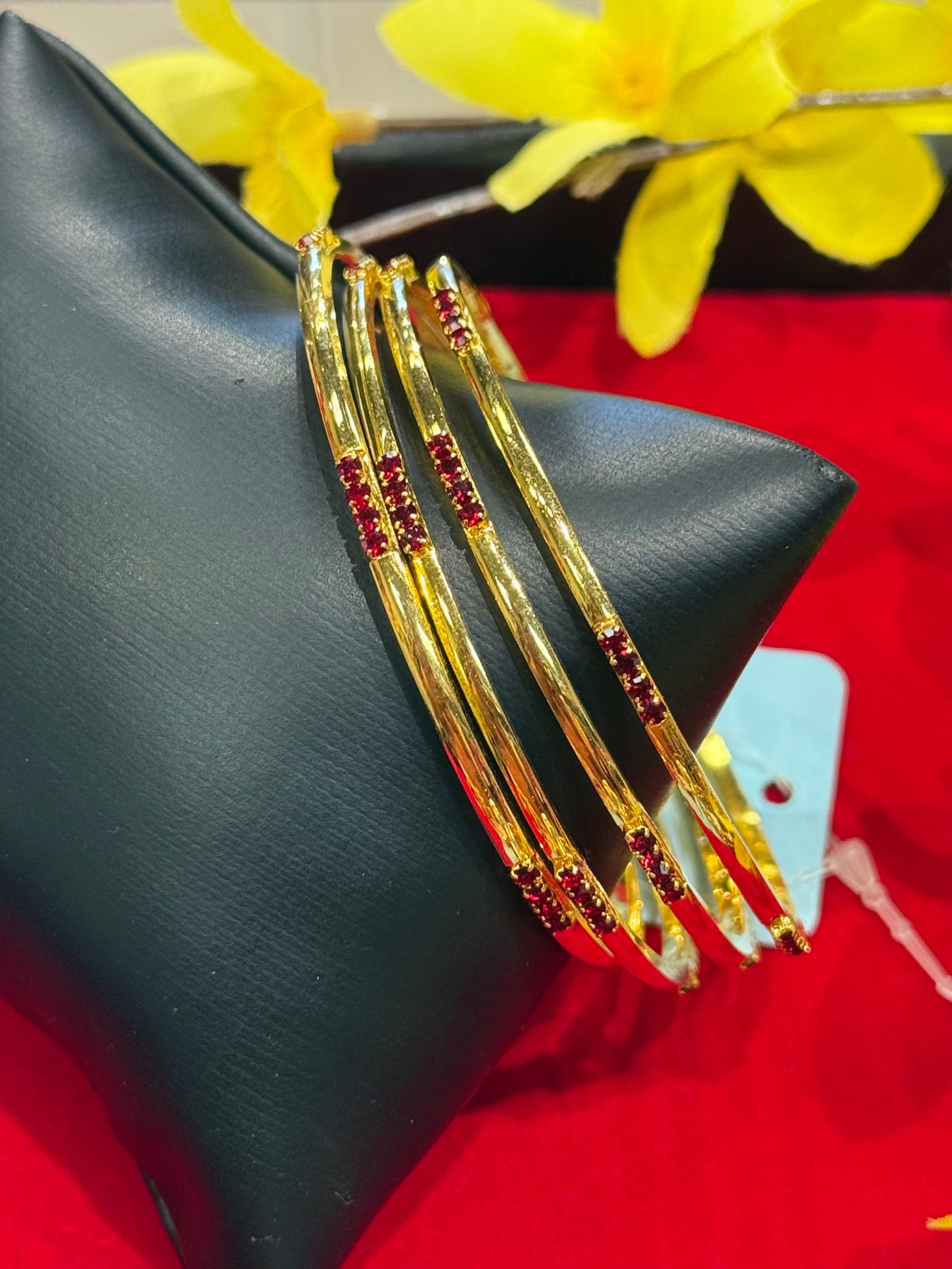 Gold Finish Thin Bangles with Red stones - size 2.8