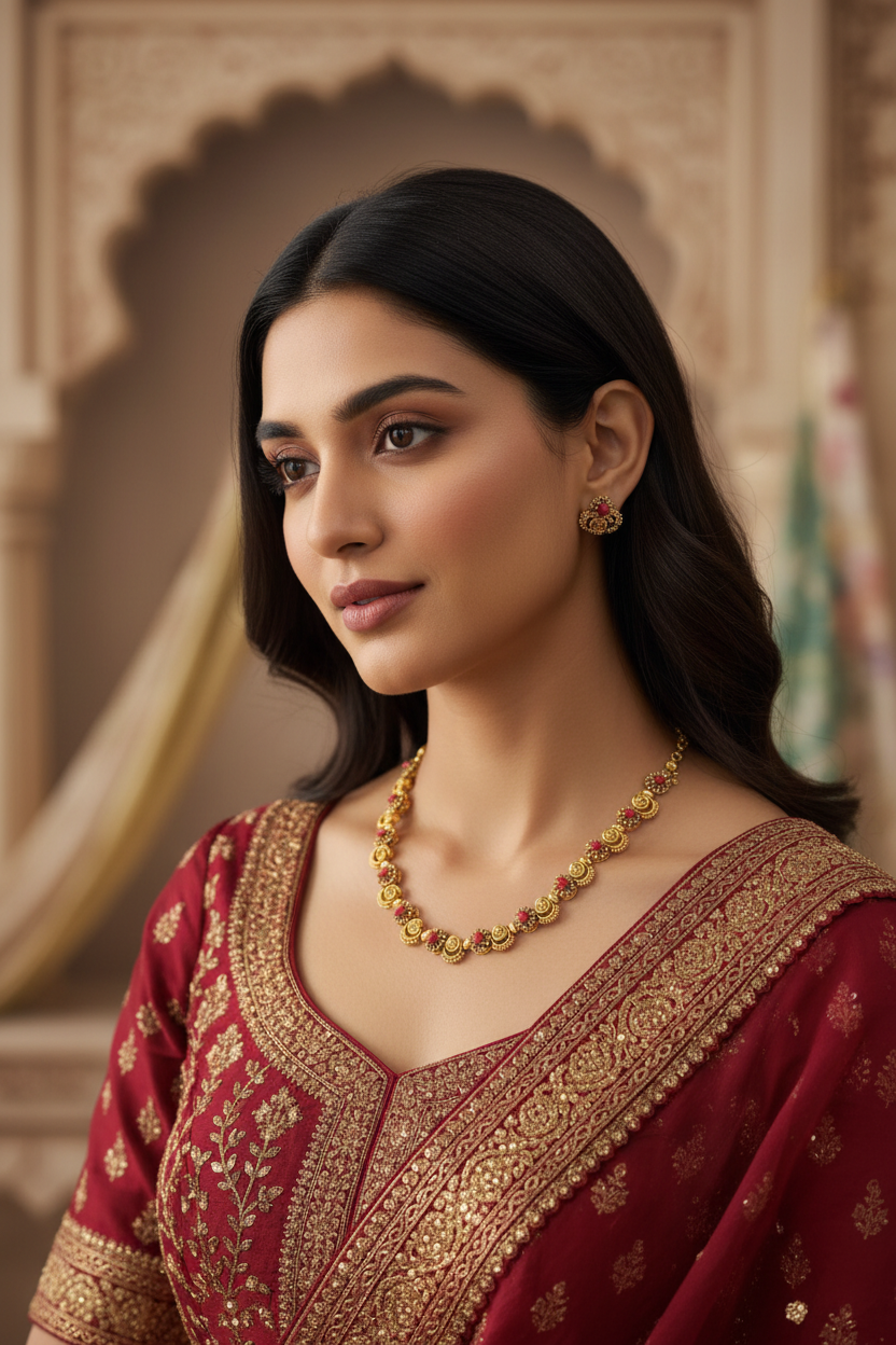 Woman wearing red Indian ethnic saree with intricate gold embroidery and matching gold jewelry necklace and earrings