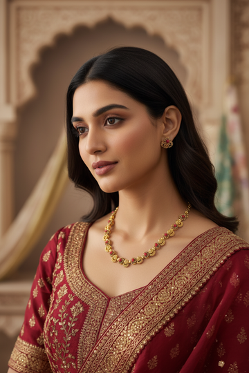 Woman wearing red Indian ethnic saree with intricate gold embroidery and matching gold jewelry necklace and earrings