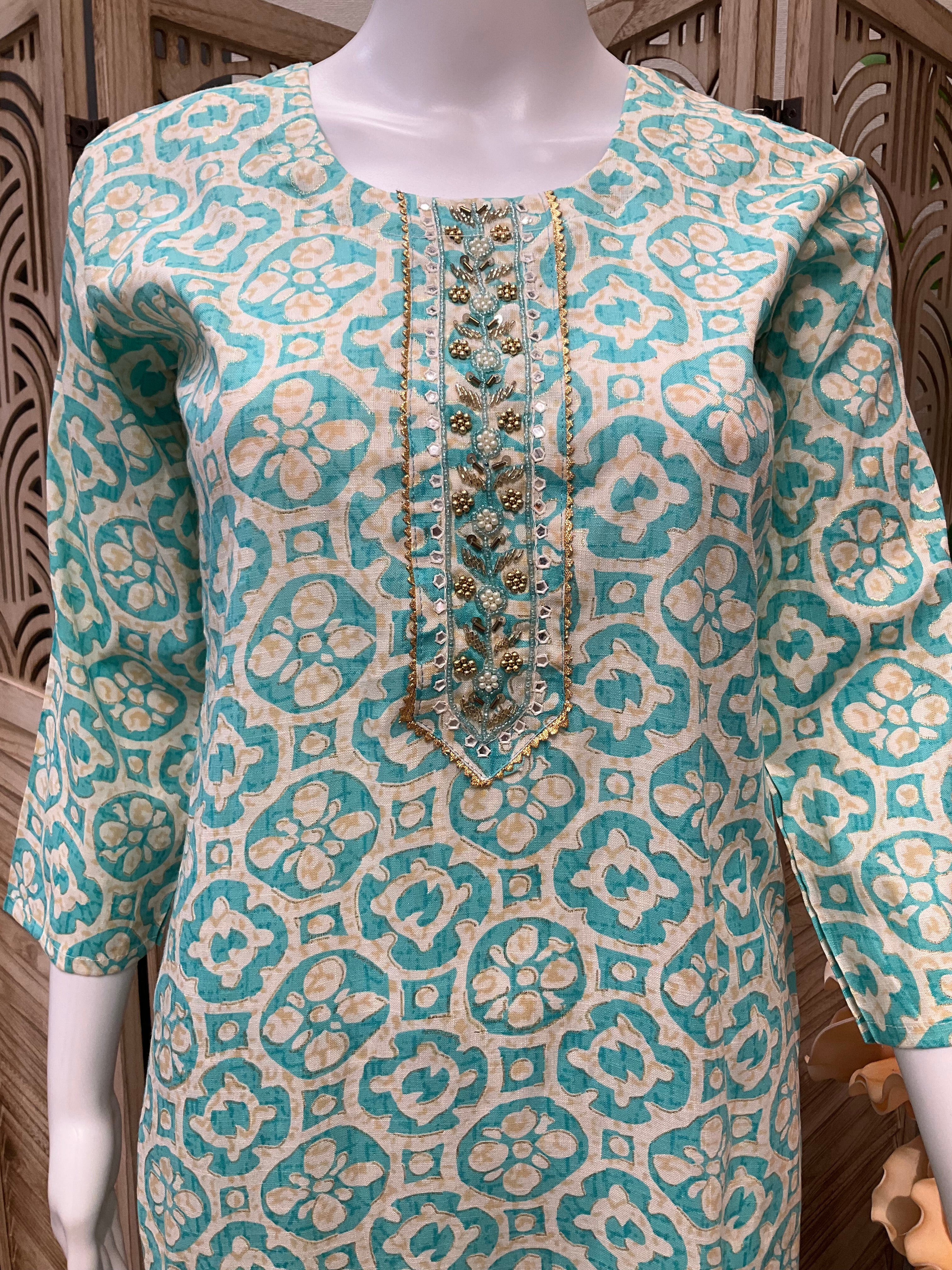 Plus Size - Pure Cotton Kurti set with bead embroidery work