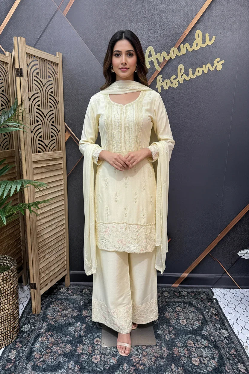 Cream Color Party Wear Palazzo Set - Embroidery Work