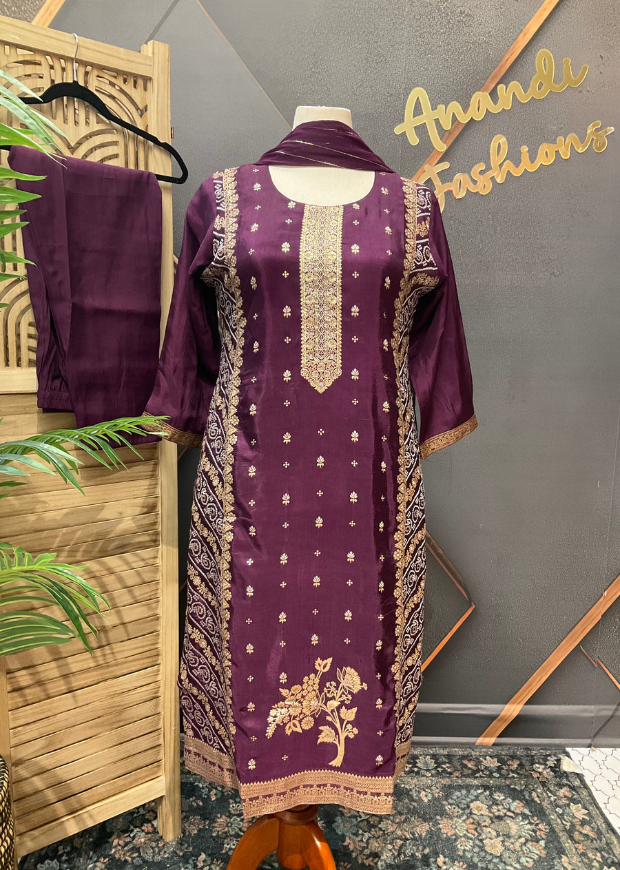 Plus Size Wine color Benarasi kurti set