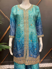 Blue Bandhini Party Wear Palazzo Set - Chinon Material