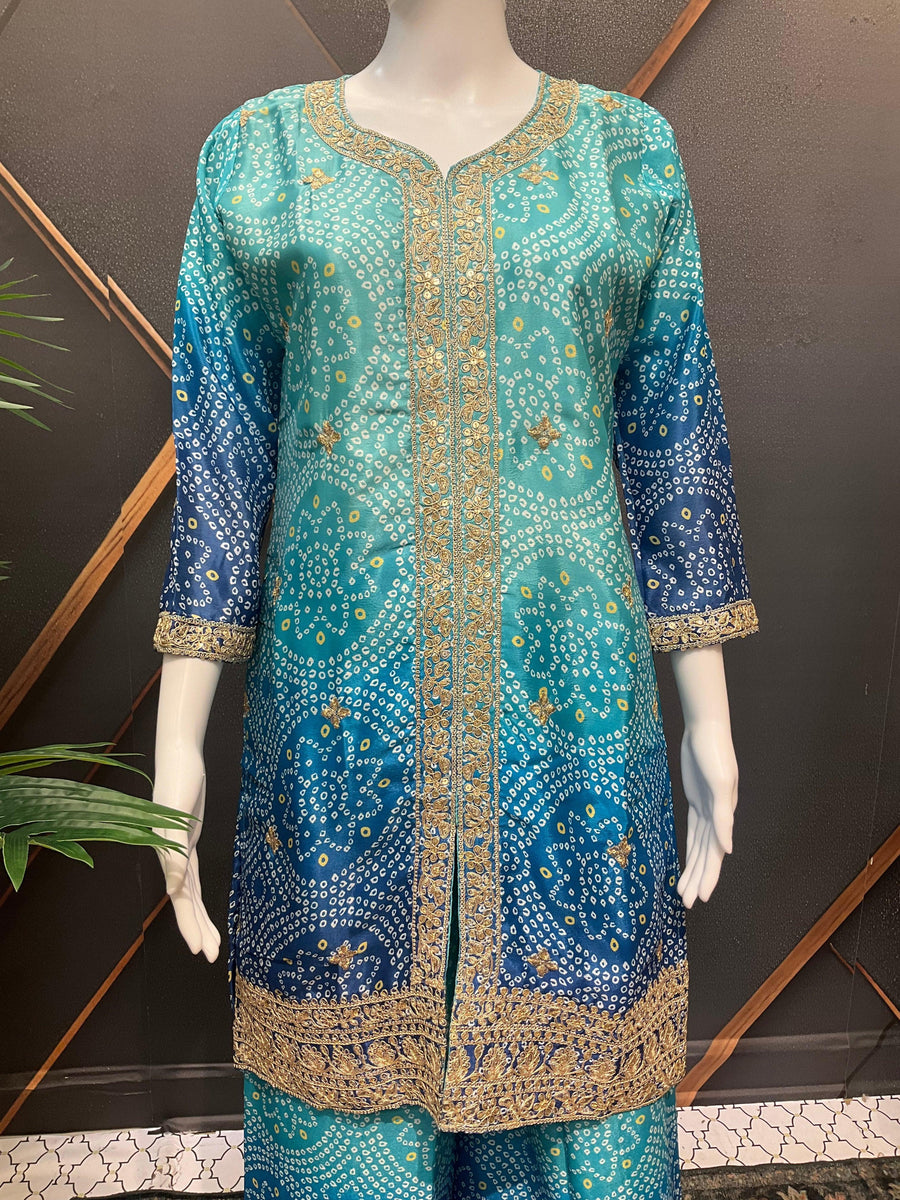 Blue Bandhini Party Wear Palazzo Set - Chinon Material