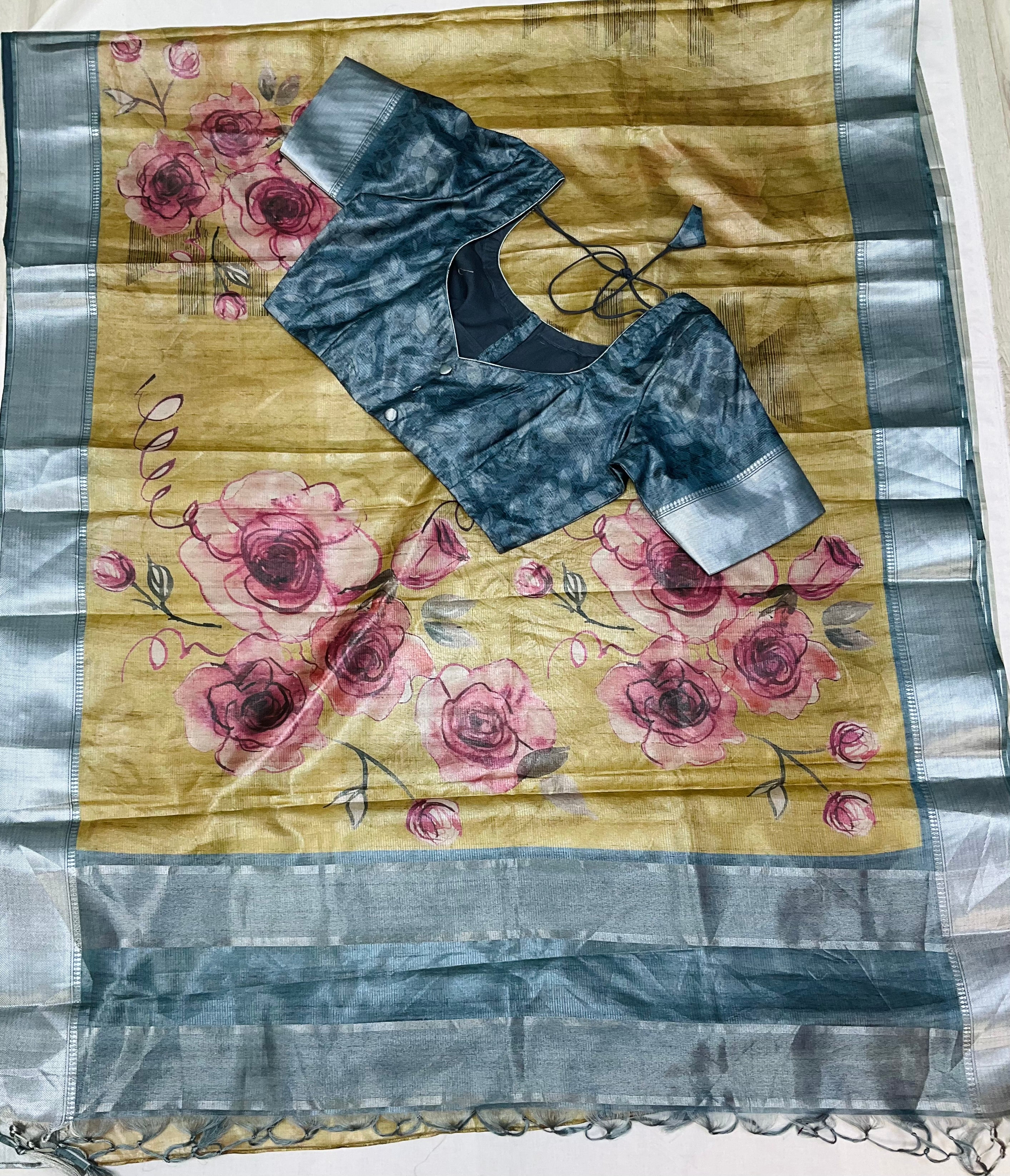 Floral Print Tussar Silk Saree with  Stitched blouse - fall pico done