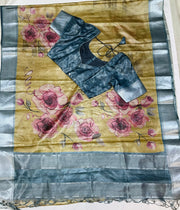 Floral Print Tussar Silk Saree with Stitched blouse