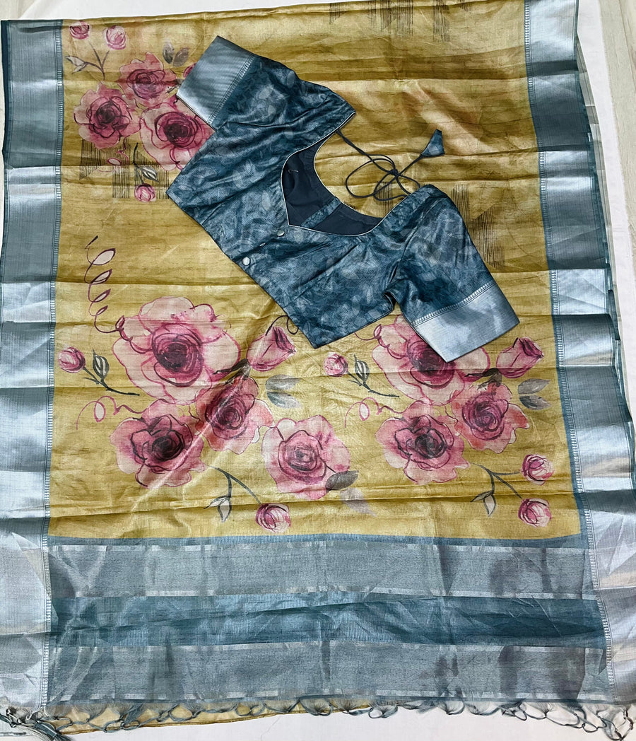 Floral Print Tussar Silk Saree with Stitched blouse