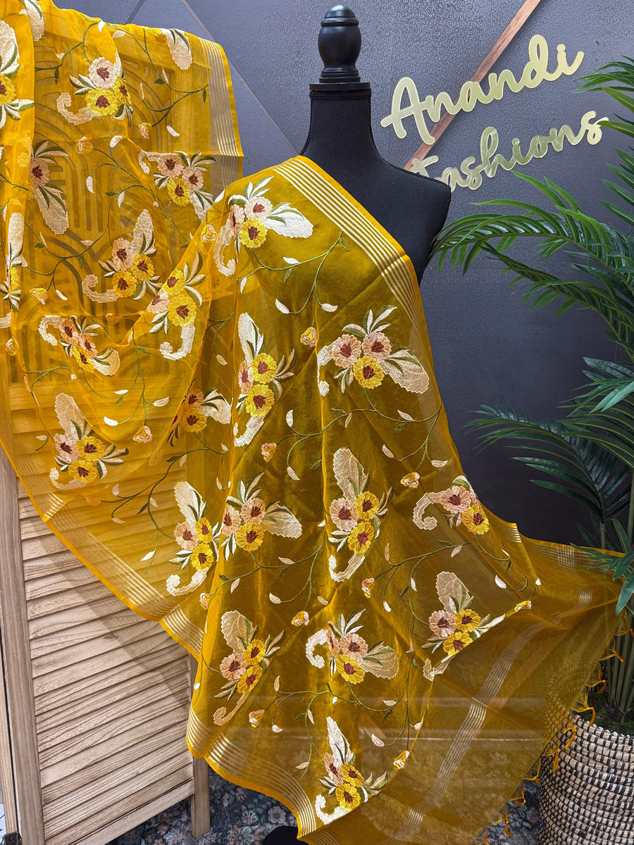 Yellow Organza Embroidered Dupattas
