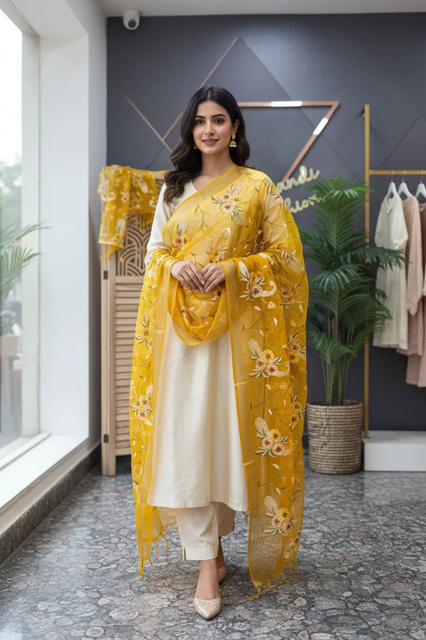 Yellow Organza Embroidered Dupattas
