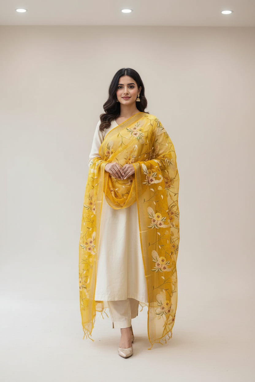 Yellow Organza Embroidered Dupatta - Anandi Fashions
