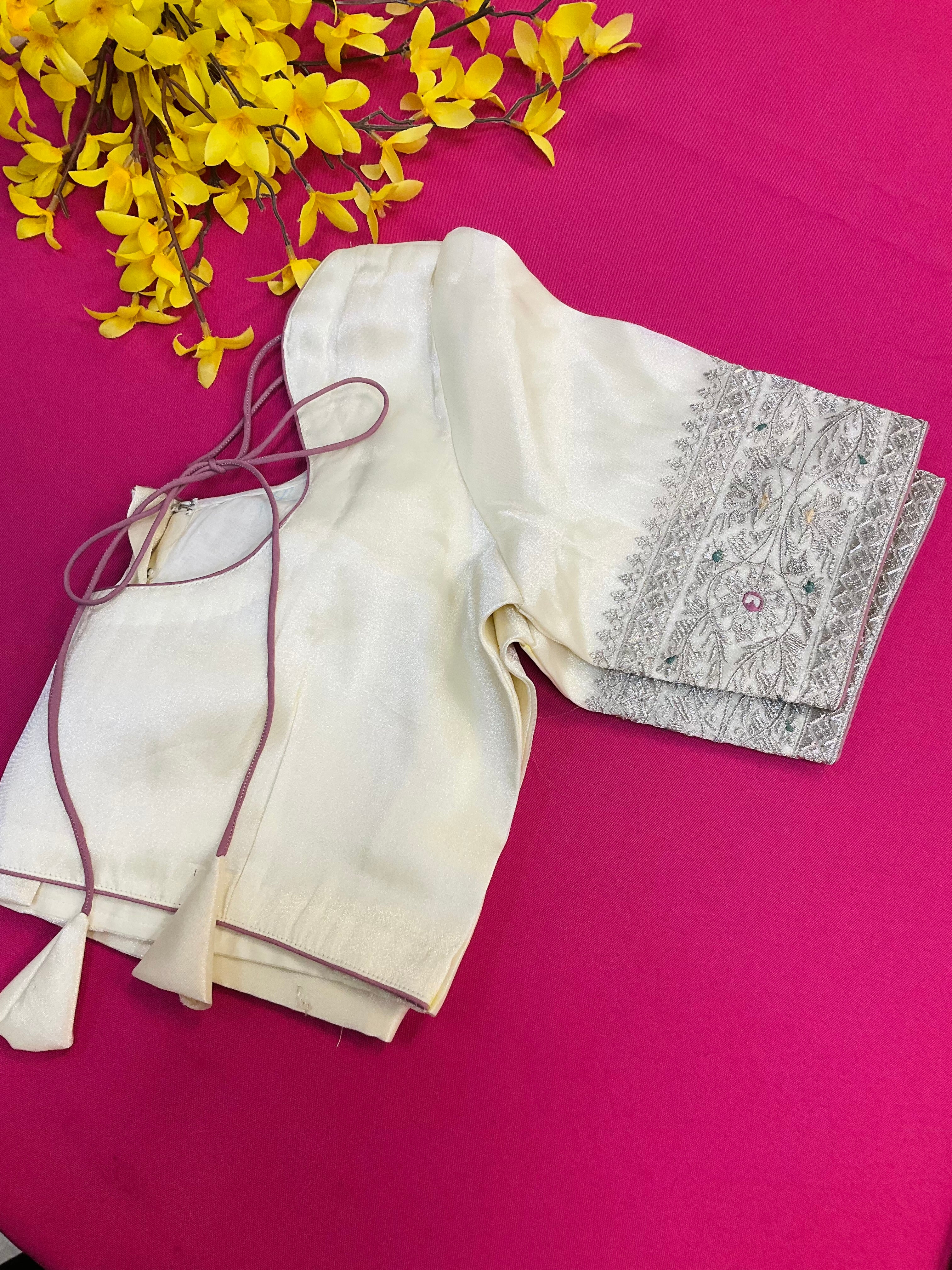 Oragnza Tissue Embroidery work  saree with Stitched blouse