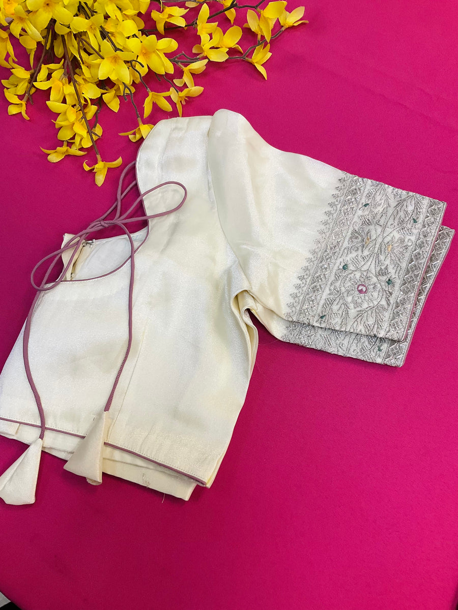 Oragnza Tissue Embroidery work saree with Stitched blouse