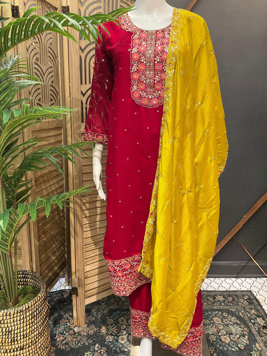Party Wear Kurti Set with Contrast Dupatta - Vichitra Silk