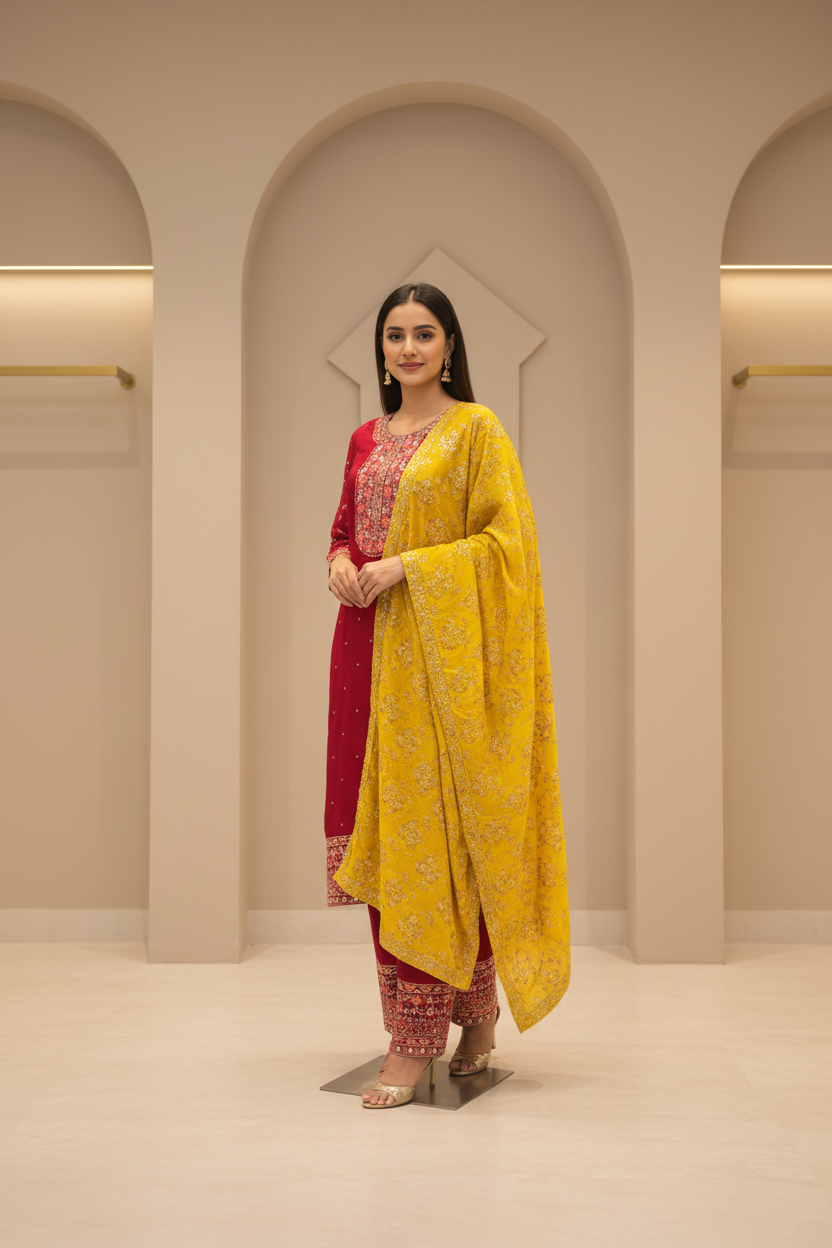 Party Wear Kurti Set with Contrast Dupatta - Vichitra Silk