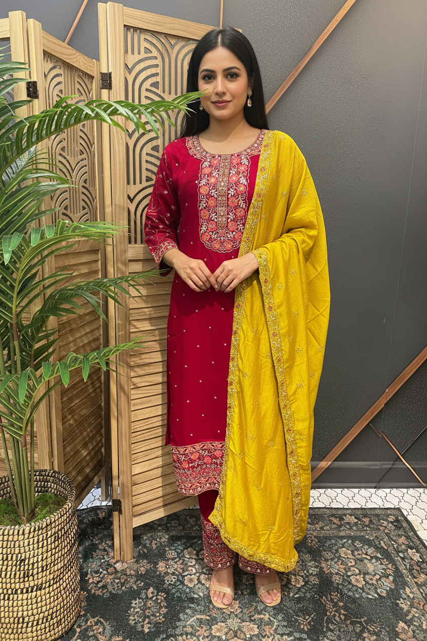 Party Wear Kurti Set with Contrast Dupatta - Vichitra Silk